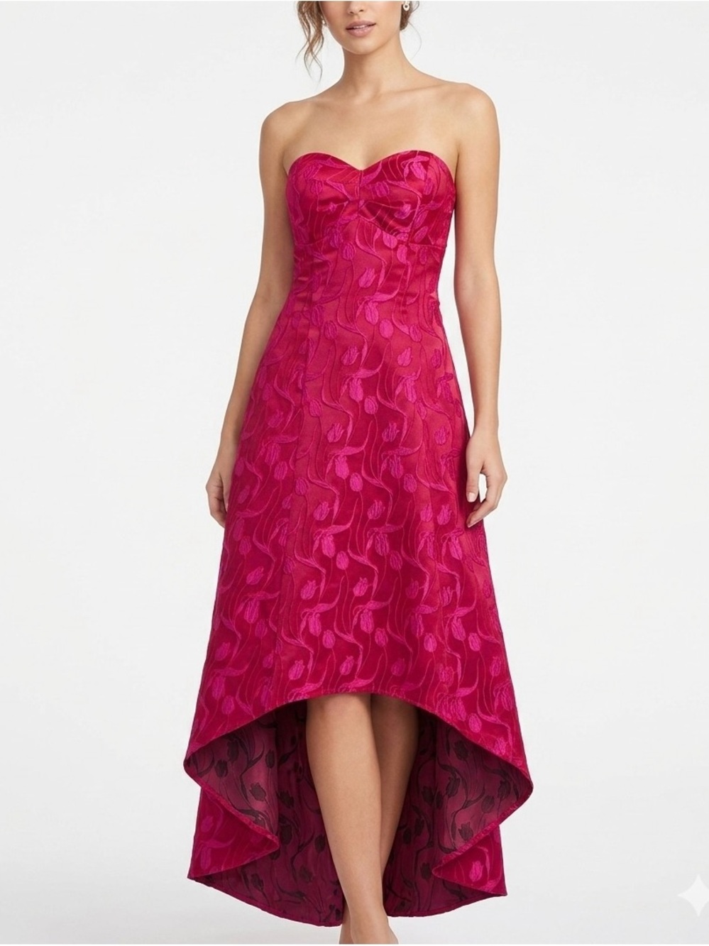 Bebe Fuchsia Pink Floral Jacquard Strapless High-Low Prom Formal Dress Size 10